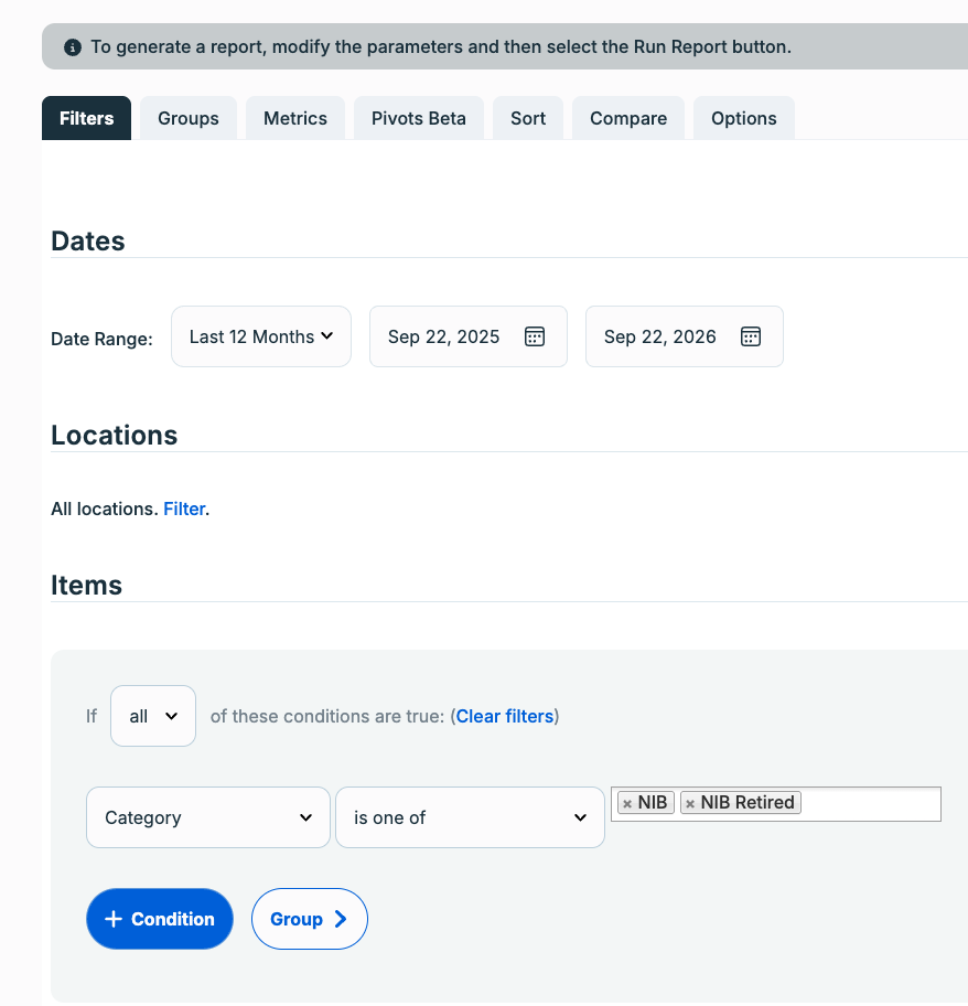 Heartland report filters - date range and category condition