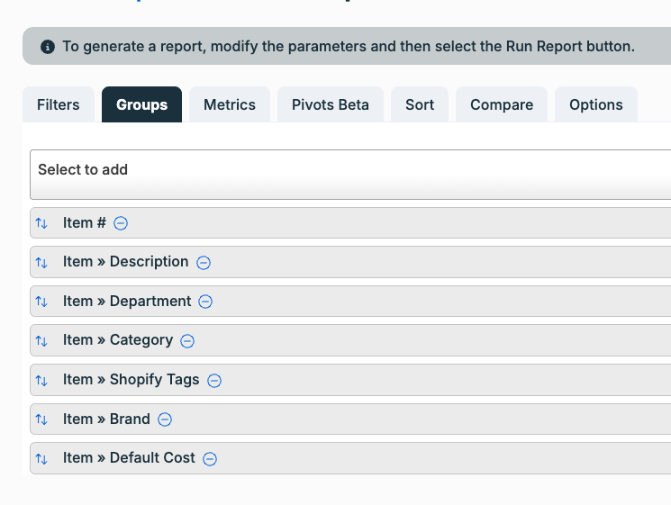 Heartland report Groups tab with fields selected