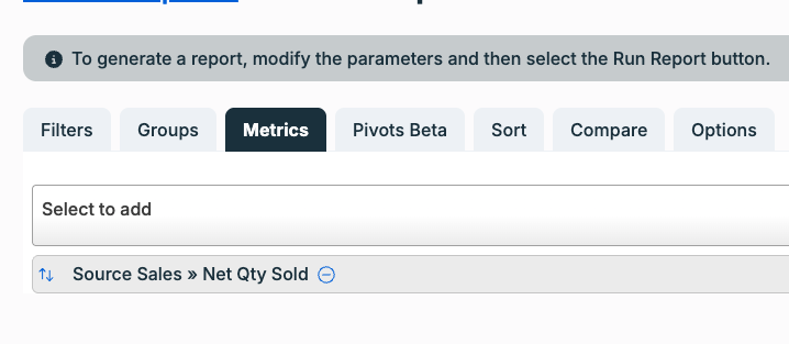 Heartland report Metrics tab with Net Qty Sold selected