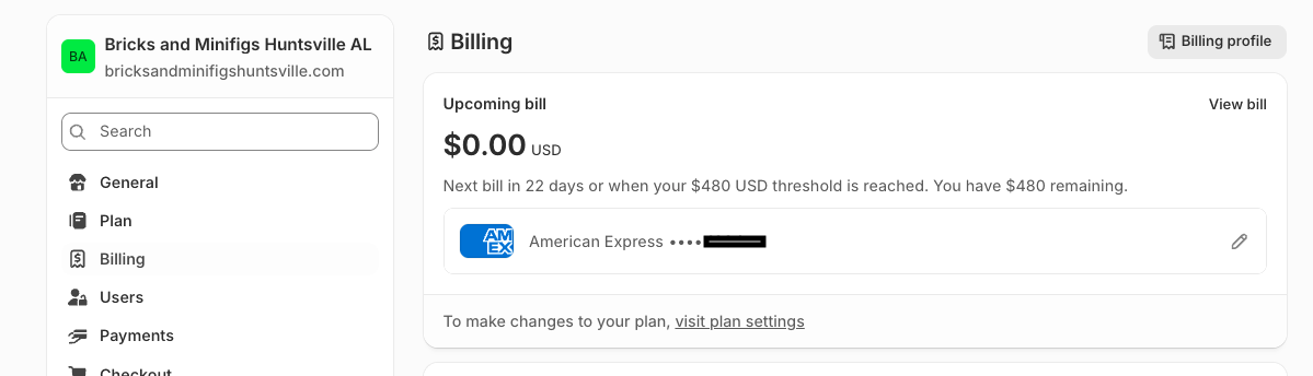 Shopify Settings - Billing tab
