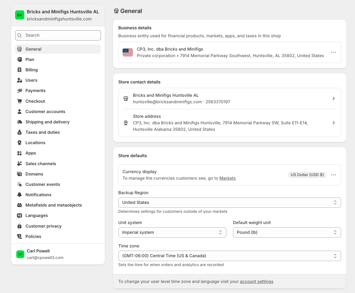 Shopify Settings - General tab