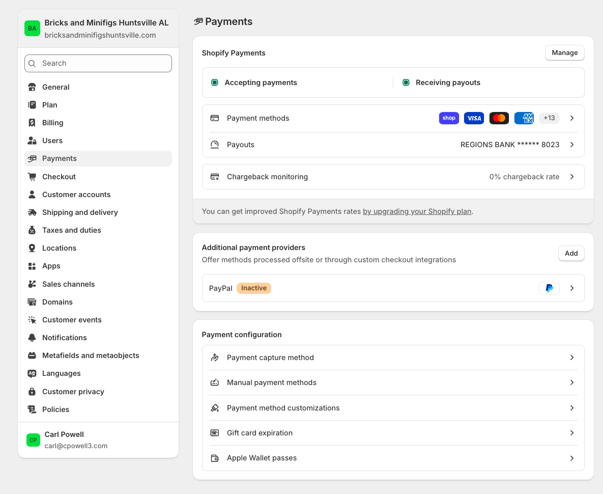 Shopify Settings - Payments tab