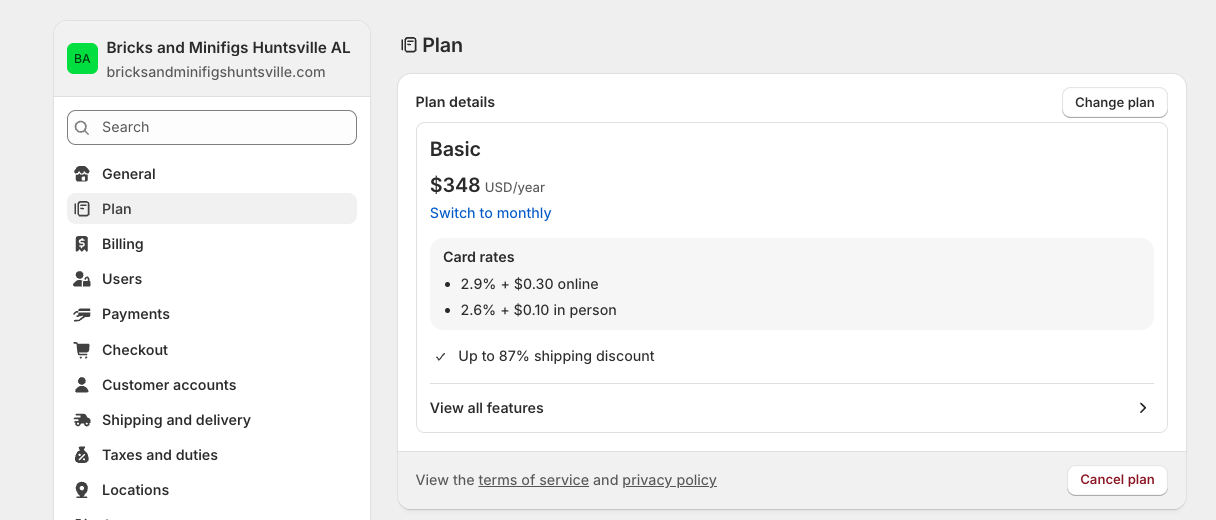 Shopify Settings - Plan tab