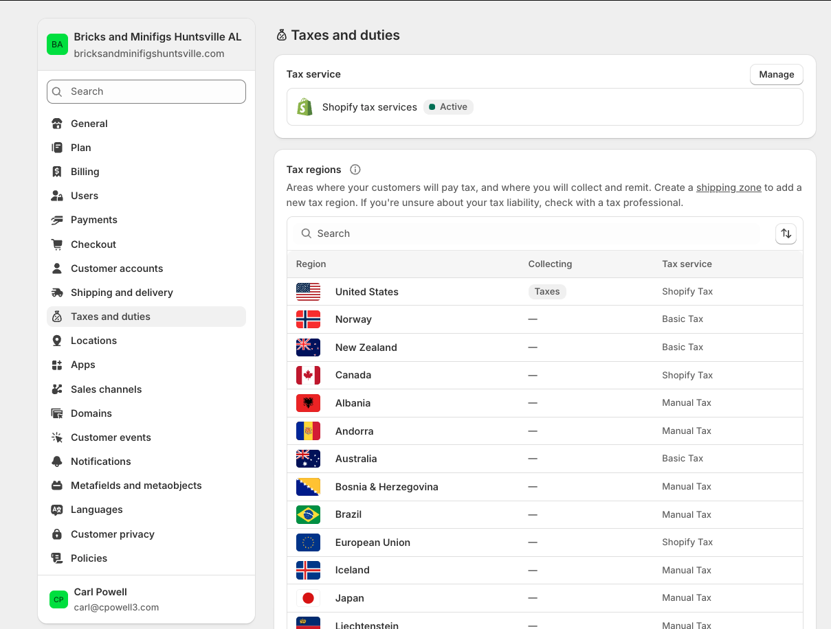 Shopify Settings - Taxes and Duties tab