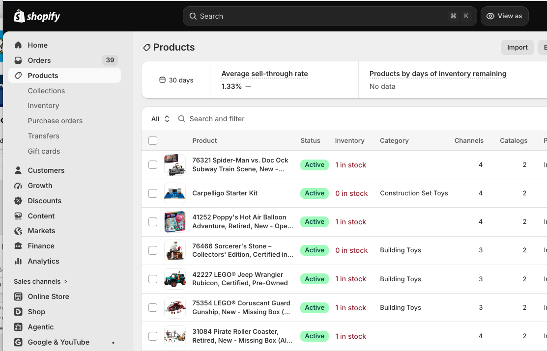 Shopify Admin Products page
