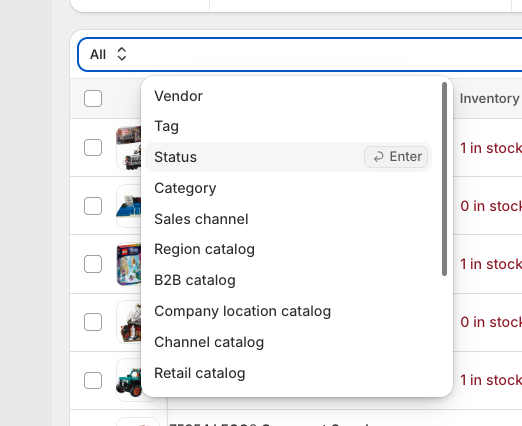 Filter dropdown showing Status option selected