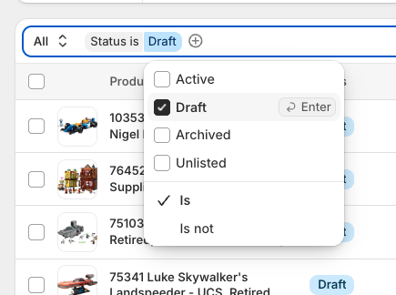 Status filter popup with Draft selected