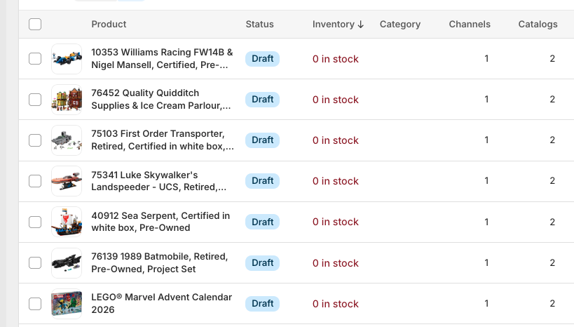 Filtered list showing only Draft products