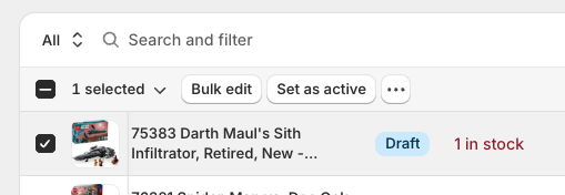Product selected with Bulk Edit button visible