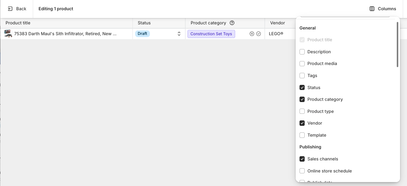 Columns dropdown with Sales Channels being checked