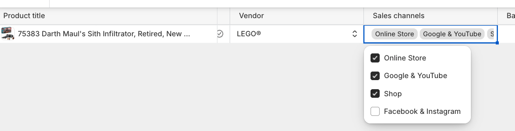 Sales channels dropdown with checkboxes